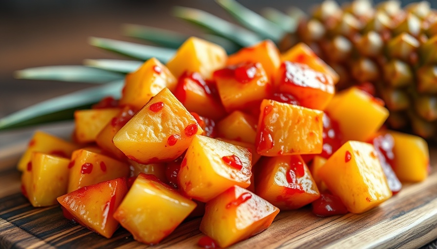 Vibrant hot and spicy pineapple chunks recipe close-up on platter.