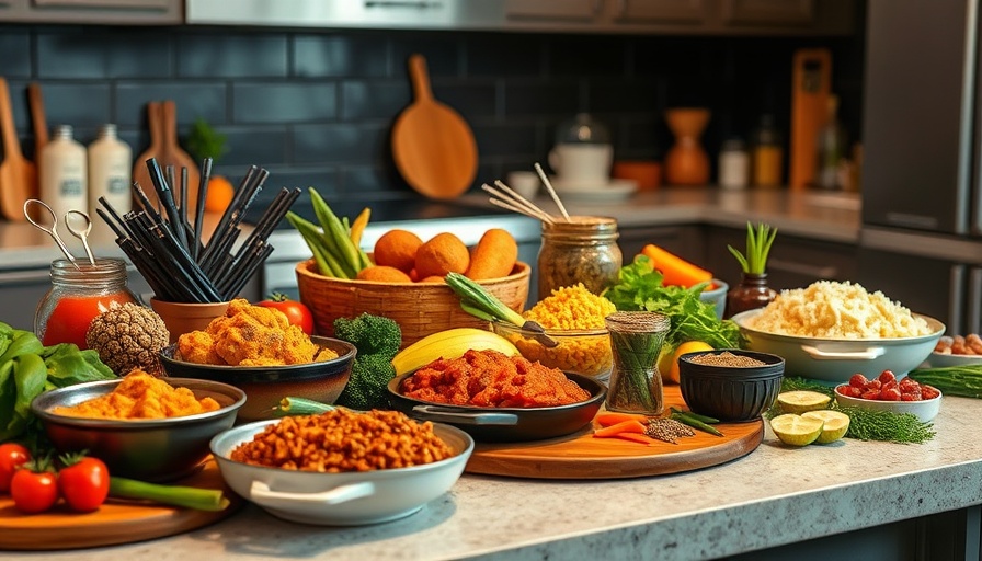 Vibrant Haitian dishes ready for meal prep on a kitchen counter.