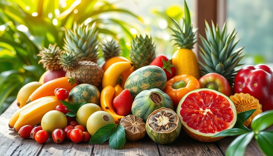 Colorful Caribbean superfoods with tropical fruits on a wooden table.