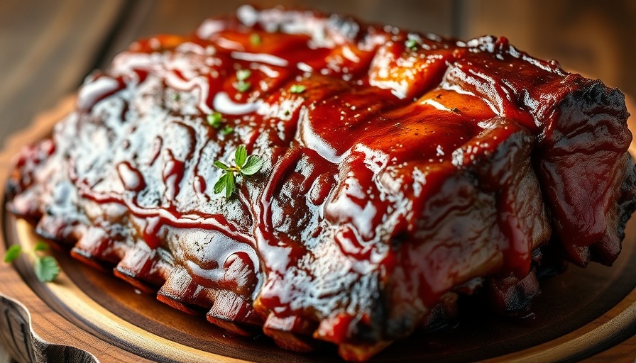 Perfectly cooked beef ribs with herbs on a wooden platter.