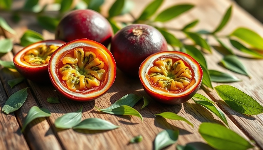 Fresh passion fruit juice and vibrant fruit halves on a wooden table.