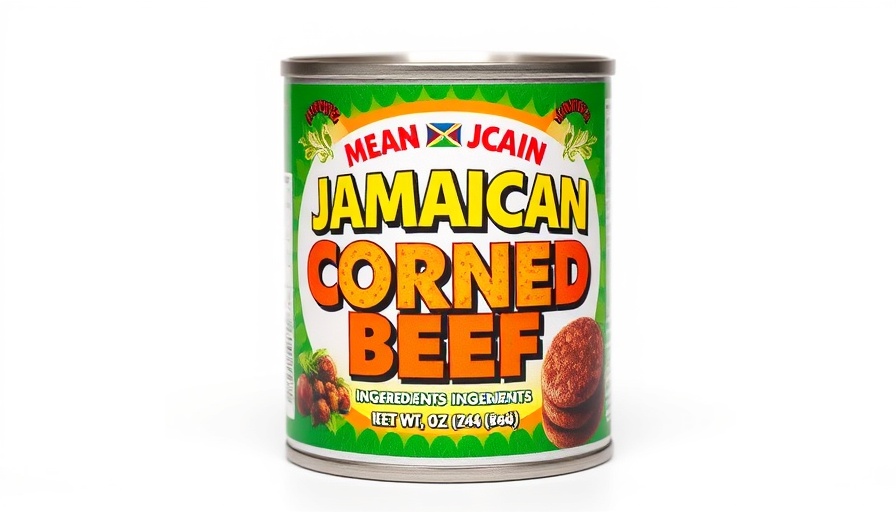 Jamaican Corned Beef can with colorful label on a white background