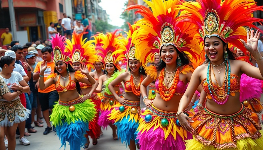 Energetic dancers at Barbados Carnival in vibrant costumes.