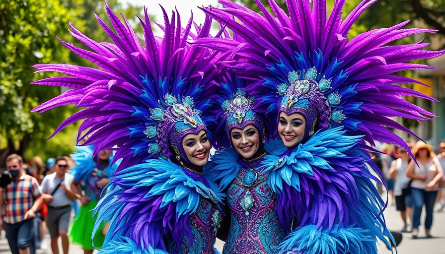 St. Lucia Carnival experiences: Performers in colorful costumes with feathered headdresses posing joyfully.