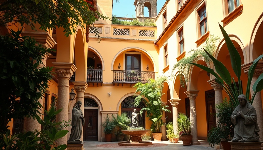 Caribbean accommodation updates: Spanish-style courtyard with greenery and statues.