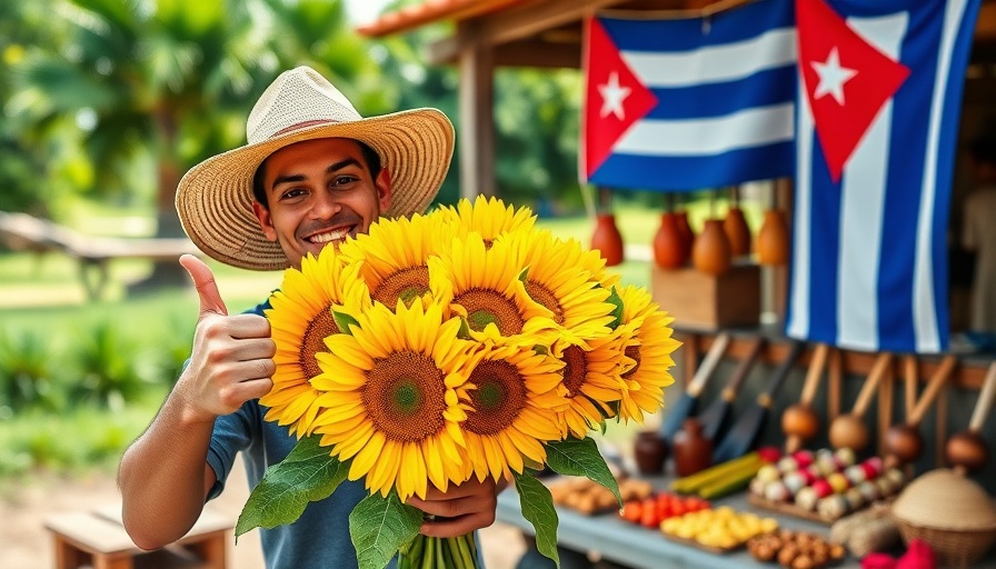 Smiling man in Cuba holding sunflowers by a flag.