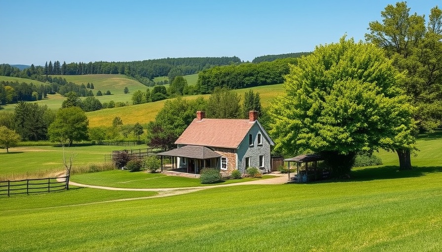Rural landscape near Los Acuáticos with farmhouse and lush greenery.