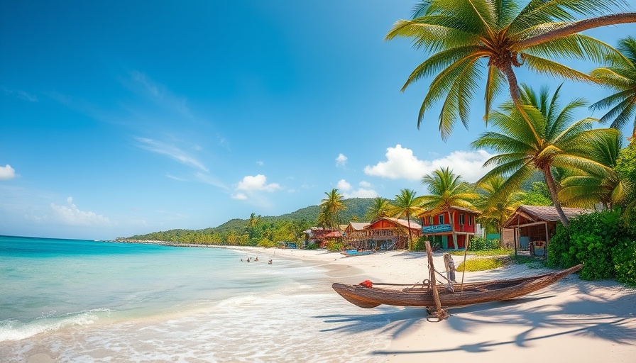 Caribbean coastal town with blue waters and green landscape.