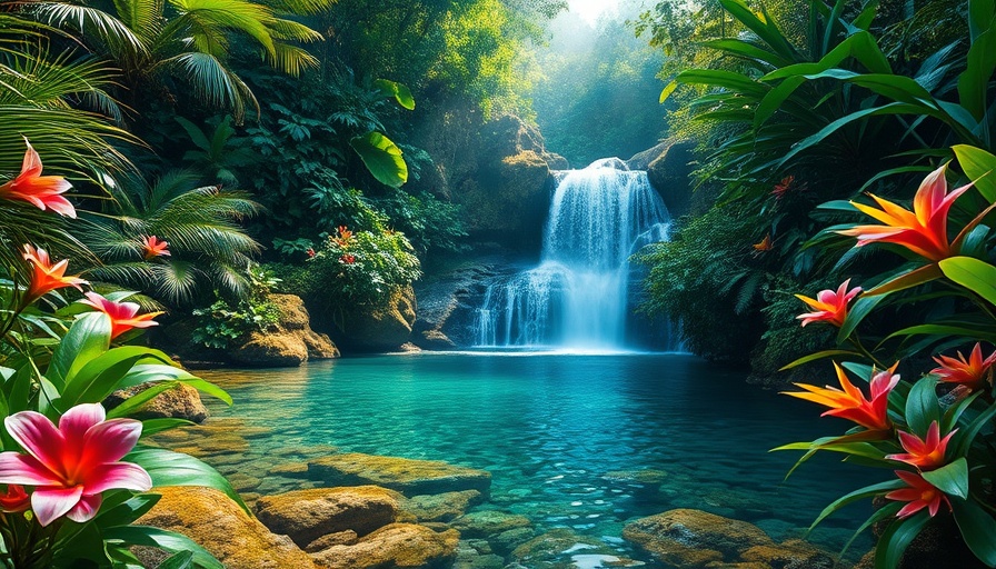 Lush Caribbean rainforest with waterfall, ecotourism scenery.