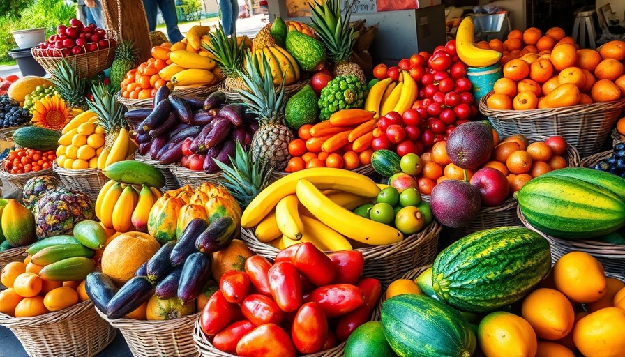 Vibrant tropical fruits in Caribbean market display.