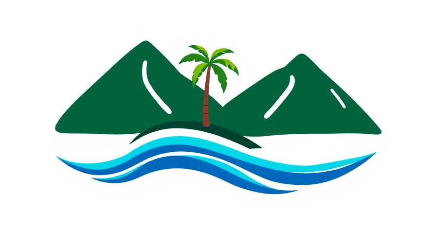 Logo with Caribbean travel theme of mountains and waves.