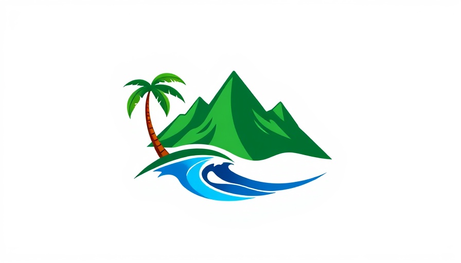 Logo for adventure travel in the Caribbean with mountains, palm tree, and waves.