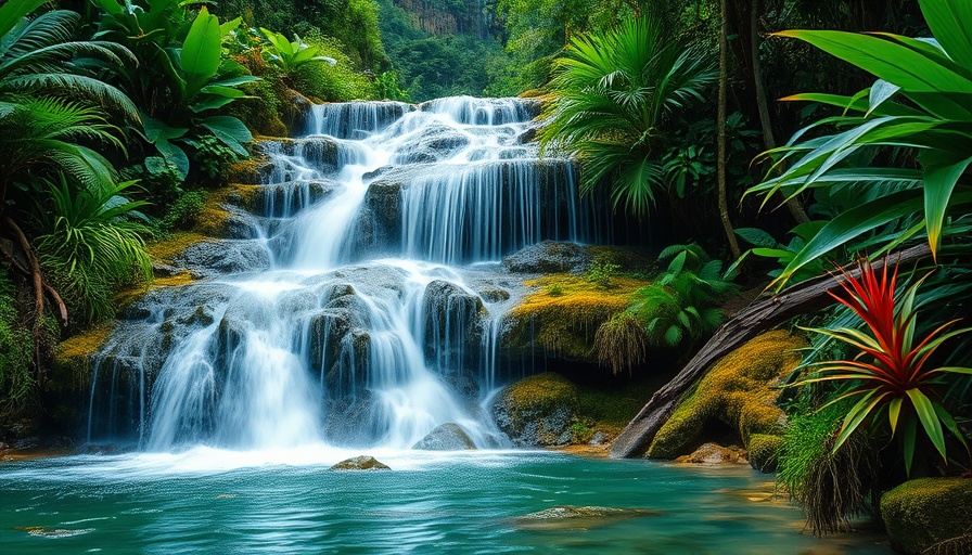 Lush waterfall at YS Falls Jamaica in vibrant tropical setting.