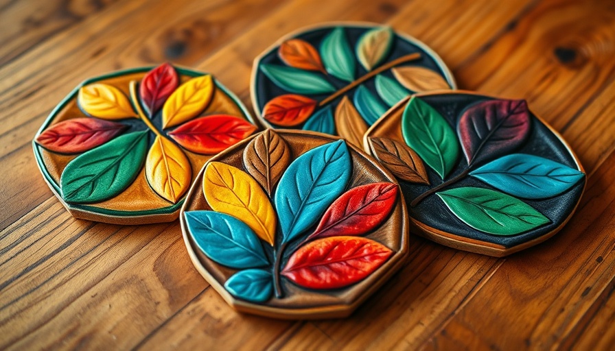 Colorful ceramic coasters with abstract leaf patterns on wood surface.