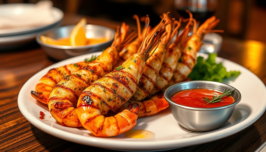 Grilled prawns with dipping sauce at Cayman Islands new restaurants.