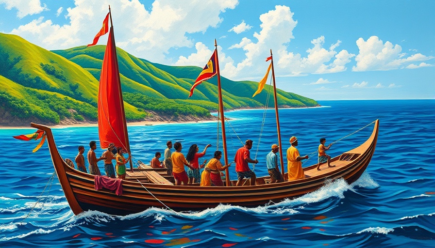 Anthurium 20:1 insights for conscious travelers, vibrant Caribbean folk art with boats.