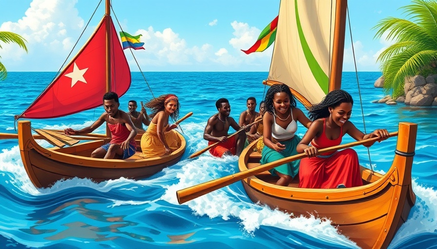 Vibrant painting illustrating traditional boats, linked to the case for reparations for slavery.