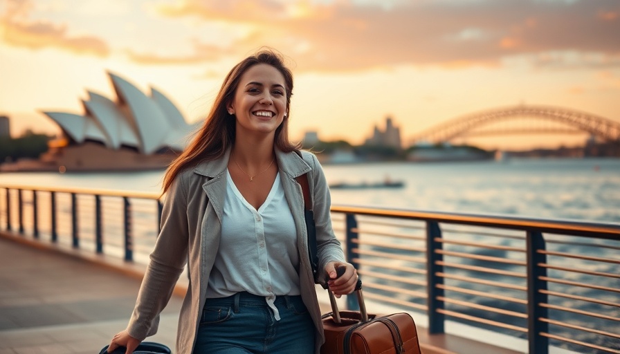 Smiling woman walking with suitcase by Sydney Opera House, goal-setting mistakes for entrepreneurs.