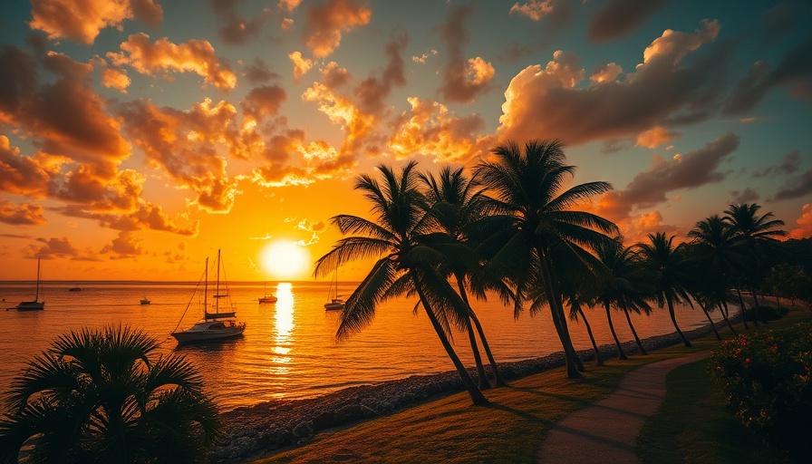 Tropical sunset view with boats and palm trees for Sandals Anniversary Discount.