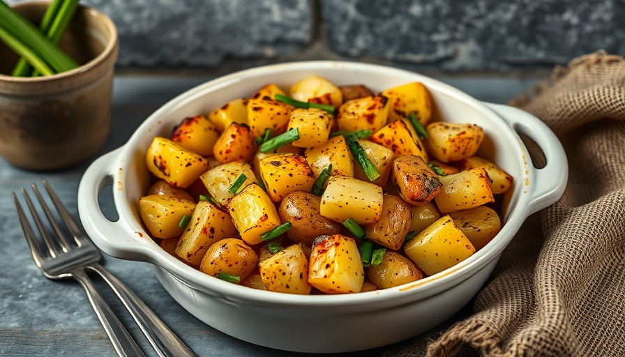 Oven-Roasted Potatoes with Leeks in ceramic dish, rustic setting.