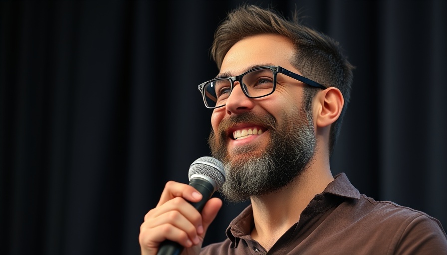 Bearded man speaking into microphone, cultural business integration.