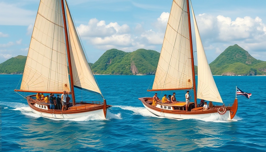 Colorful Caribbean scene with people on sailboats in vibrant seascape