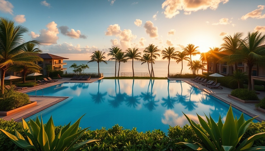 Newest Sandals Resort at sunset with pool and villas.