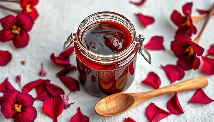 Hibiscus rum glaze in a jar with scattered petals on a white surface.