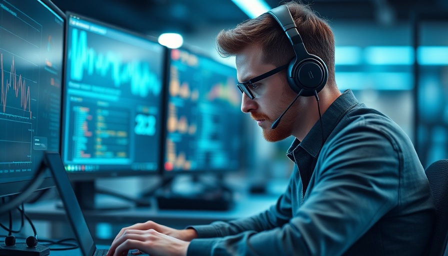 Focused man in tech office analyzing data for USA market analysis.
