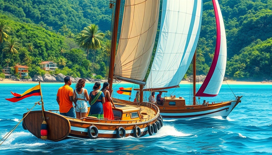 Vibrant painting of people sailing in tropical landscape for Hew Locke Passages.