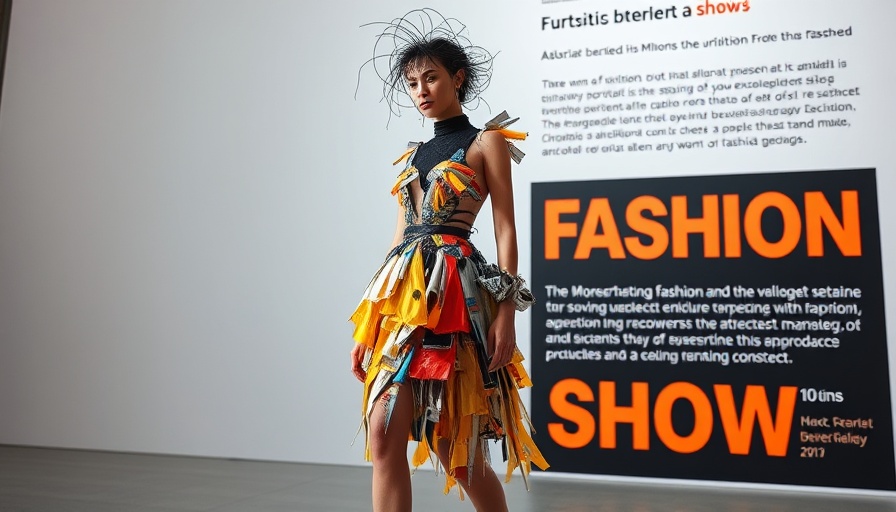 Fashion show poster with avant-garde attire highlighting repurposed materials.