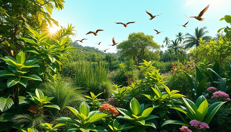 Sustainable green landscape with diverse wildlife and plants.