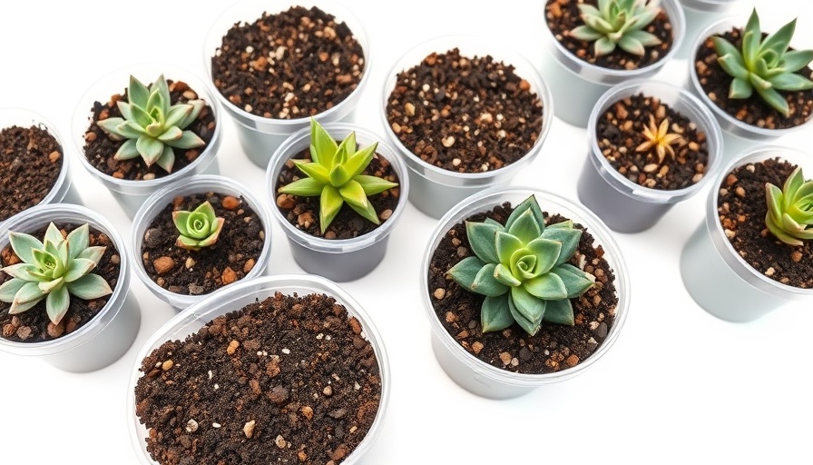 Organized succulent propagation setup with soil and leaves.