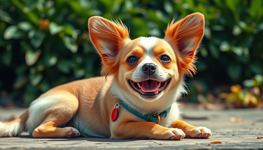 Happy dog with tags relaxing outdoors, 'girl dog names' text.