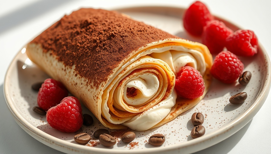 Cottage Cheese Tiramisu Crepe Roll with raspberries.