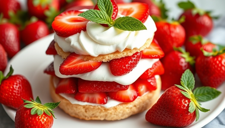 High-protein strawberry shortcake with cream and fresh berries.
