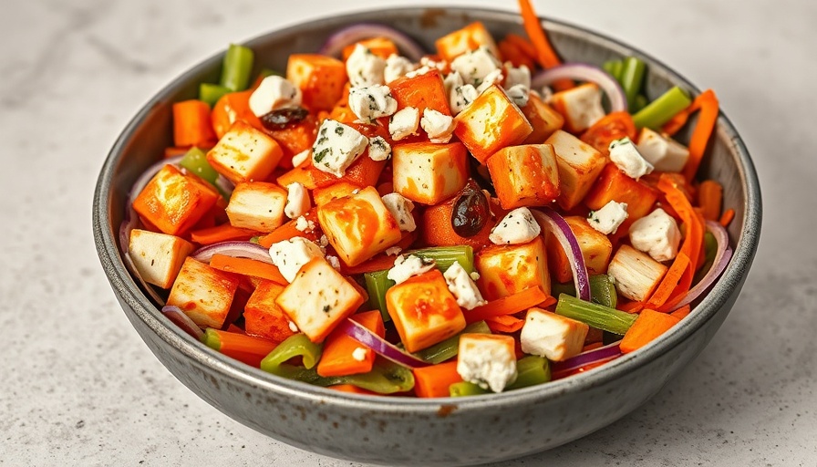 Crispy Buffalo Halloumi Salad with colorful vegetables and cheese.
