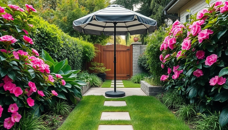 Charming patio with umbrella and garden path in small patio design.
