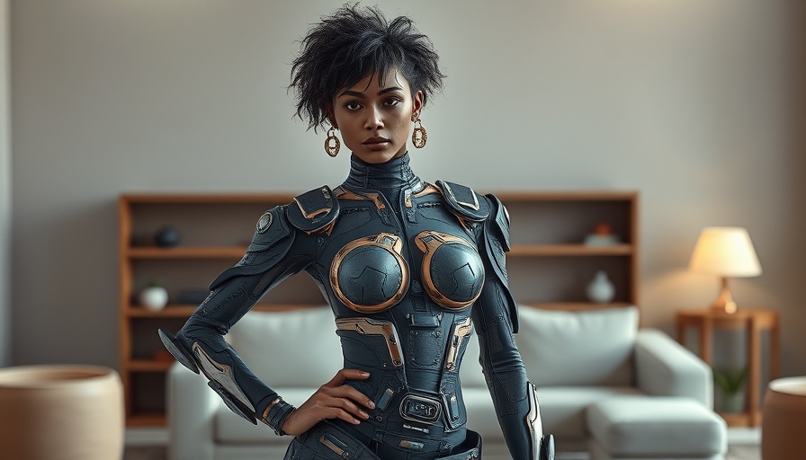 Futuristic fashion model wearing repurposed design at sustainability show.