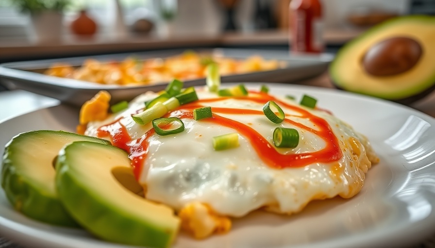 Easy Sheet Pan Scrambled Eggs with avocado and sriracha garnish.