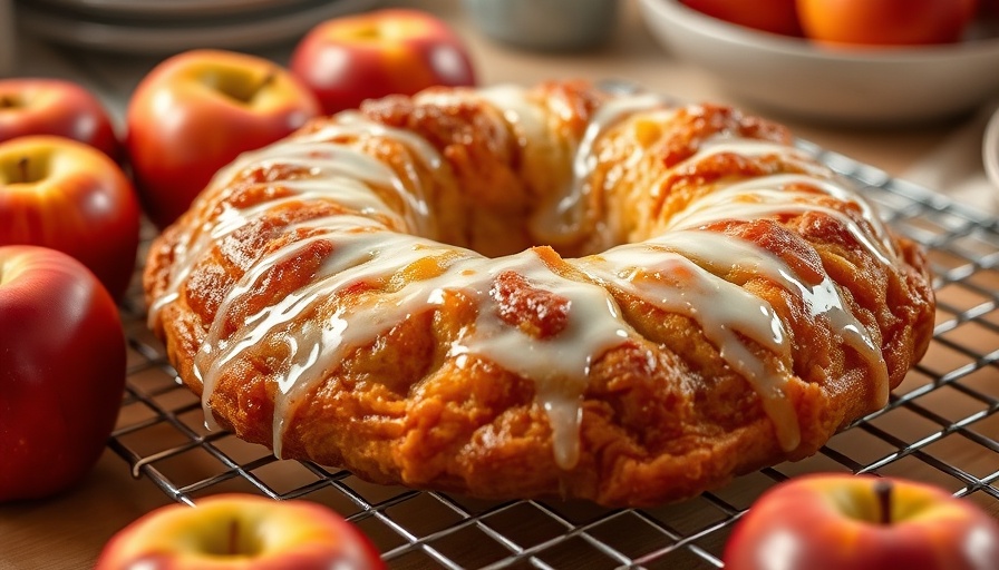Golden apple fritter with glaze, surrounded by apples, on a wire rack.