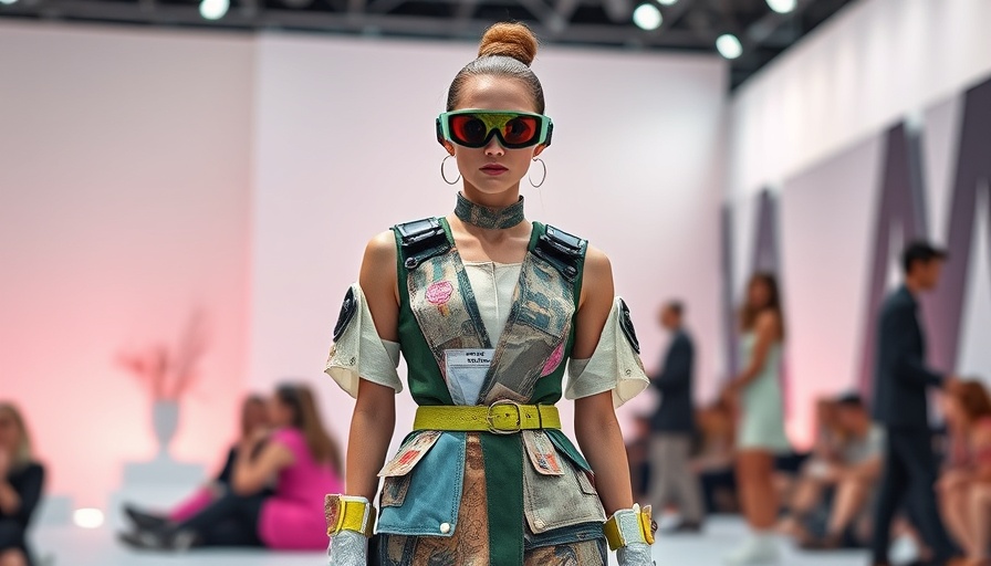Futuristic model at repurposed fashion show promoting sustainability education.