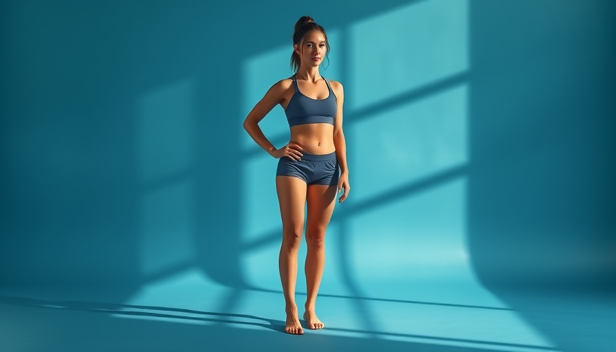 Athletic woman standing confidently in blue studio setting.