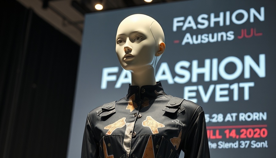 Futuristic mannequin at repurposed fashion show with event details