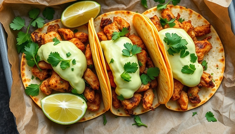 Sheet pan tacos with avocado crema and lime wedges.