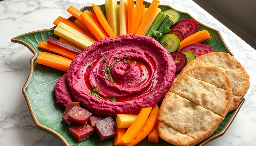 Colorful beet hummus platter with veggies and pita.