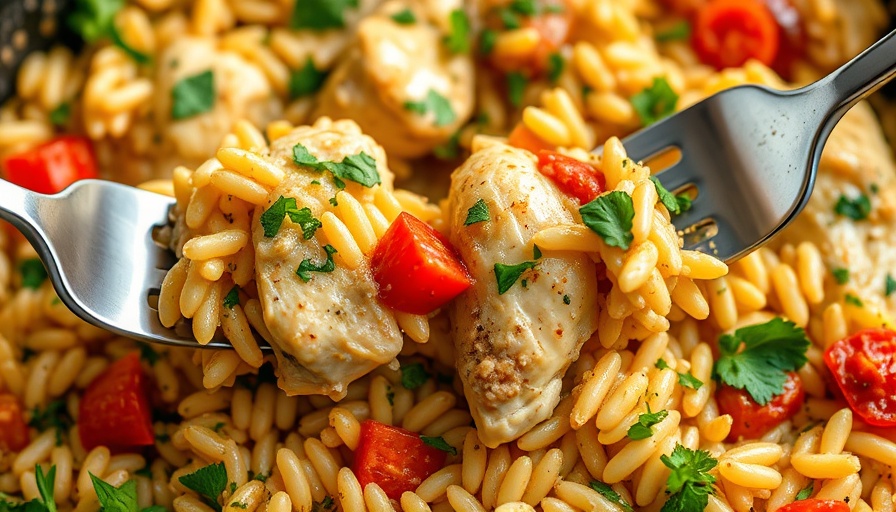 Greek Chicken Orzo Casserole with vibrant veggies and herbs.