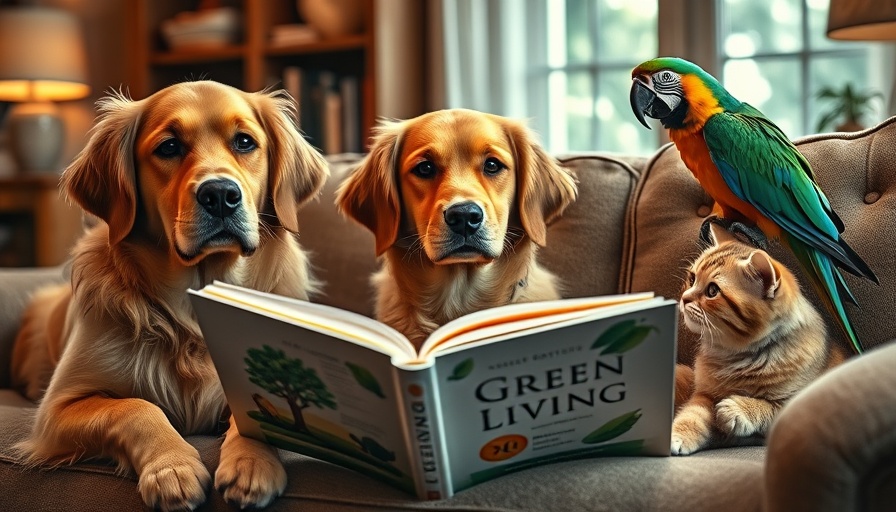 Animals reading about sustainability in a living room setting.