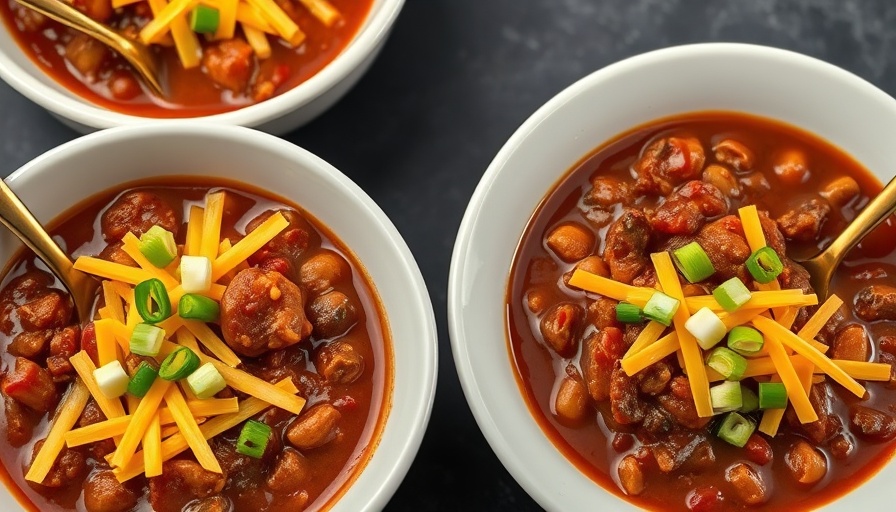 Award-winning chili recipe topped with cheese and green onions.