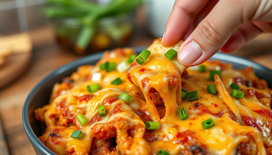 High-protein cottage cheese dip with toppings, hand dipping cracker